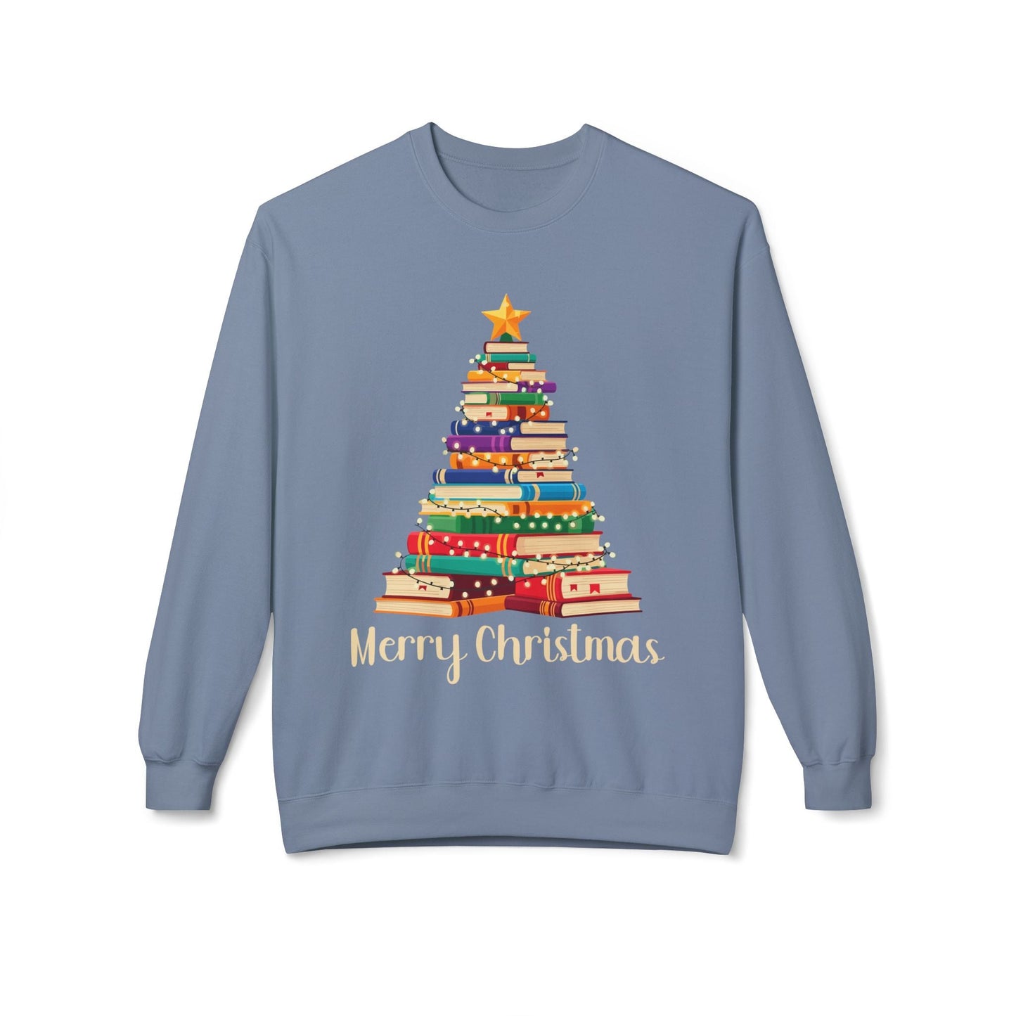 Teen/Adult Unisex Merry Christmas Book Tree Sweatshirt â€“ Stacked Books Holiday Design Printify