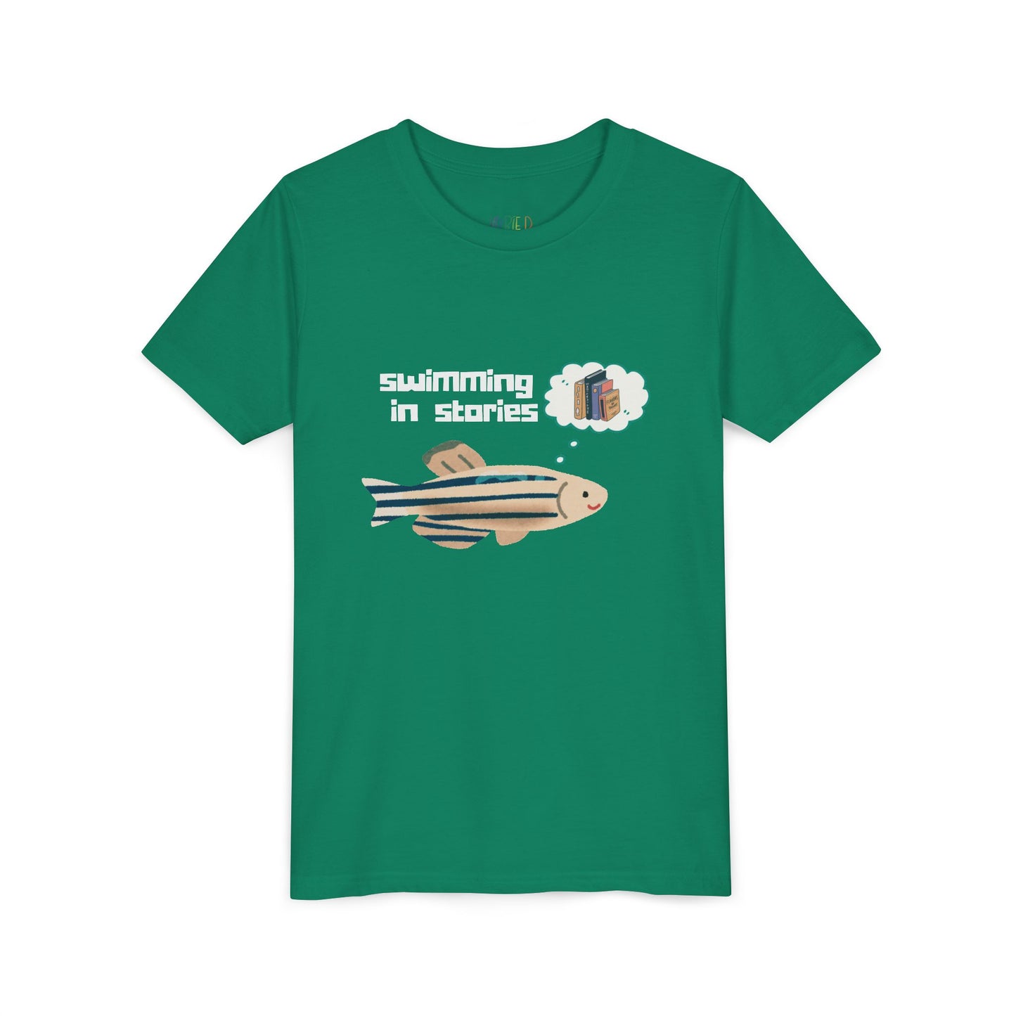 Green blue t-shirt with a fish graphic and text 'swimming in stories' 