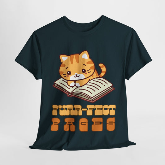Teen/Adult Unisex “Purr-fect Pages” Cat Lover Reading Tee – Cute Bookish Cat Shirt