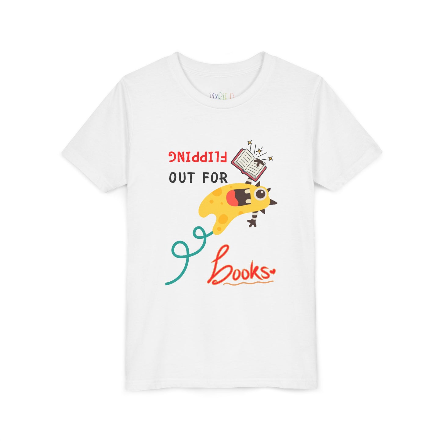 White t-shirt with a yellow monster holding a book while flipping backwards through the air and playful text 'Flipping Out For Books'