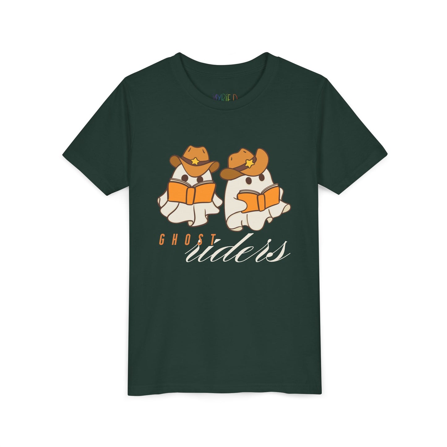 Dark green t-shirt with cowboy hat wearing ghost reading books and text 'Ghost Riders'