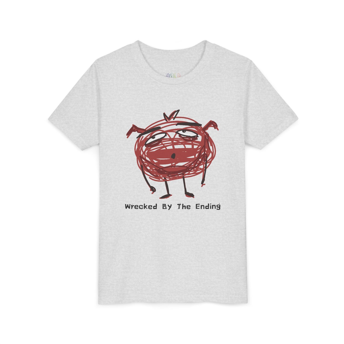 Light gray t-shirt with a red scribbled character and text 'wrecked by the ending'