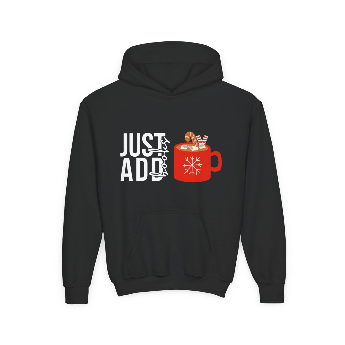 Black hoodie with 'Just Add Books' text and a red mug graphic with hot chocolate, candy canes and marshmallows on a white background.