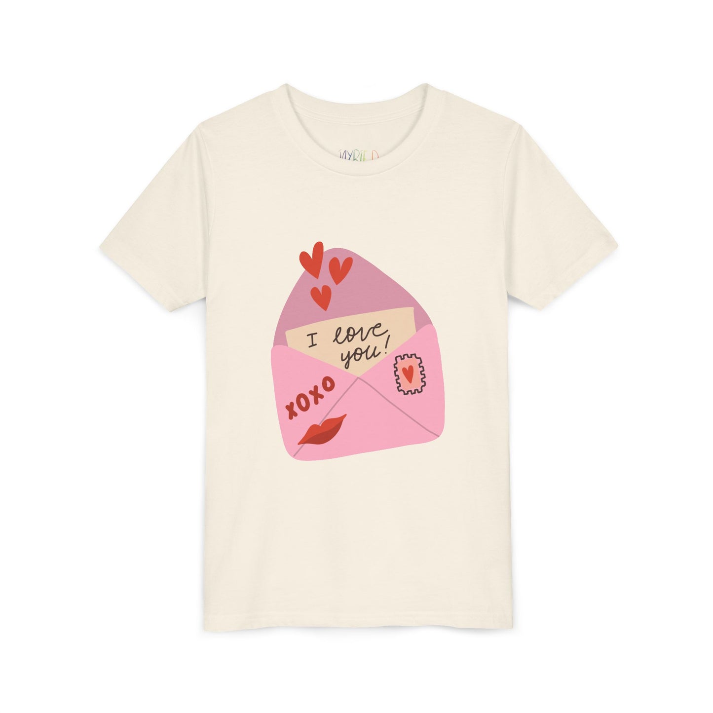 Beige t-shirt with an 'I love you!' letter peaking out of a pink envelope