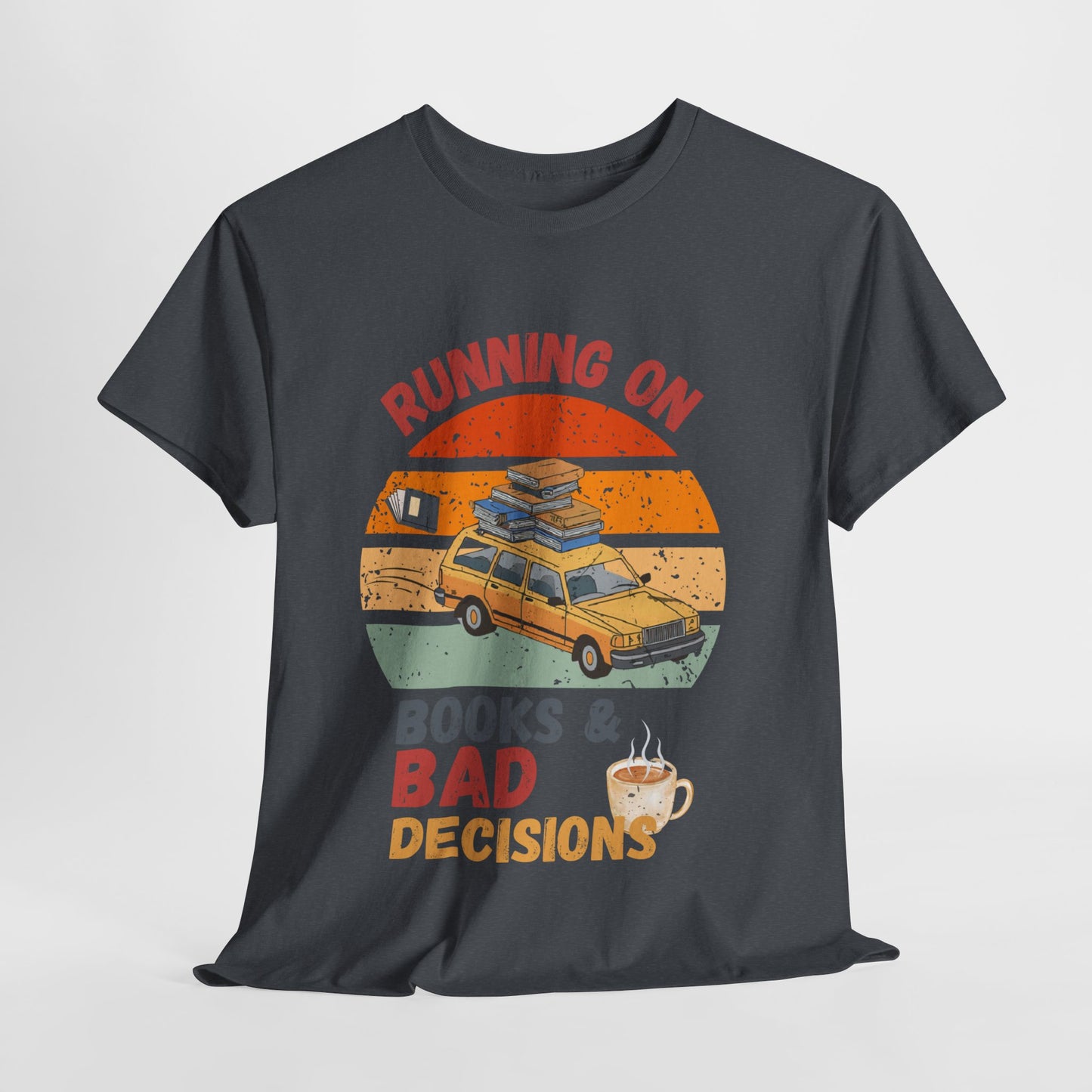 Teen/Adult Unisex Running on Books & Bad Decisions Tee – Funny Retro Reader Shirt for Book Addicts (Coffee Edition)