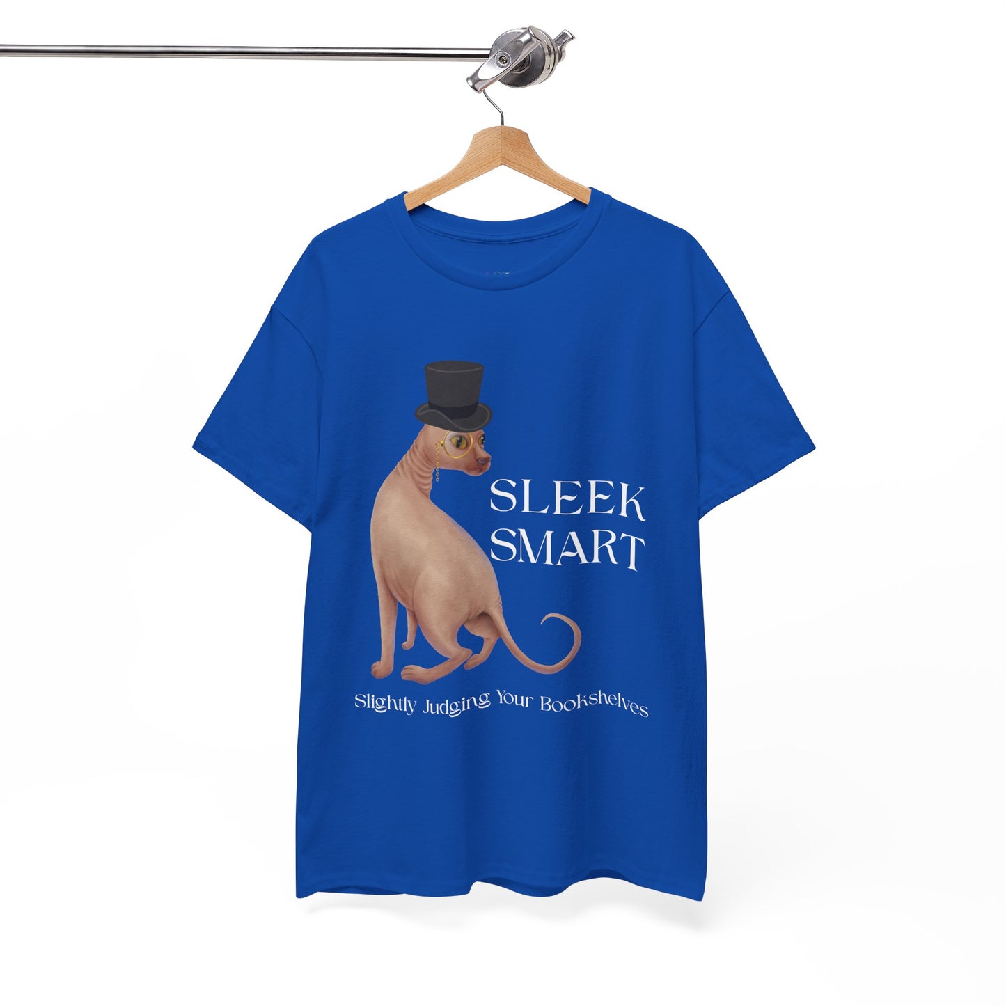 Blue t-shirt with a hairless cat in a monacle and top hat, text "SLEEK SMART' and 'Slightly Judging Your Bookshelf'