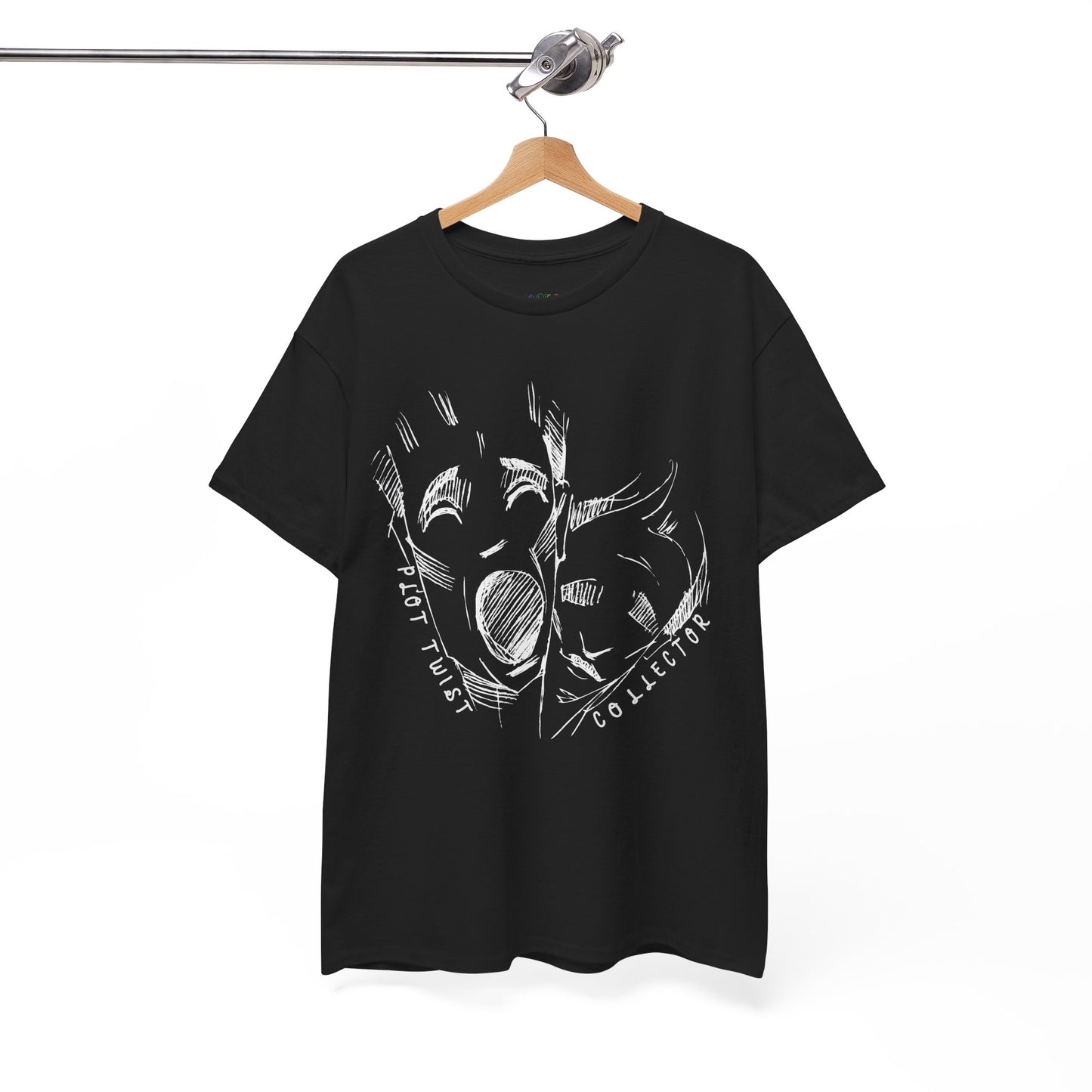 Black t-shirt with white sketched graphic design of creepy faces and text 'Plot Twist Collector' on a hanger against a white background