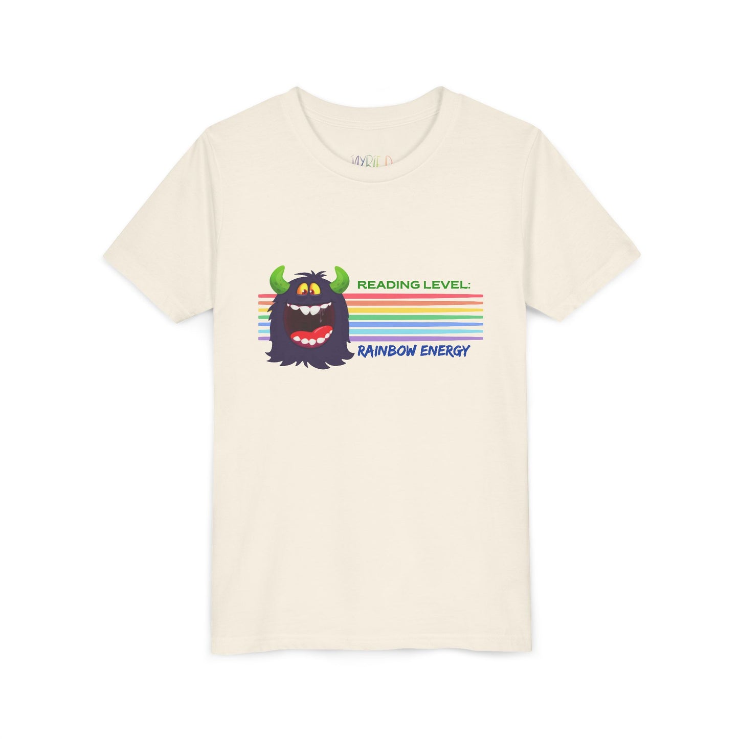 Beige t-shirt with a cartoon monster, horizontal rainbow strips and text 'Reading Level: RAINBOW ENERGY' 