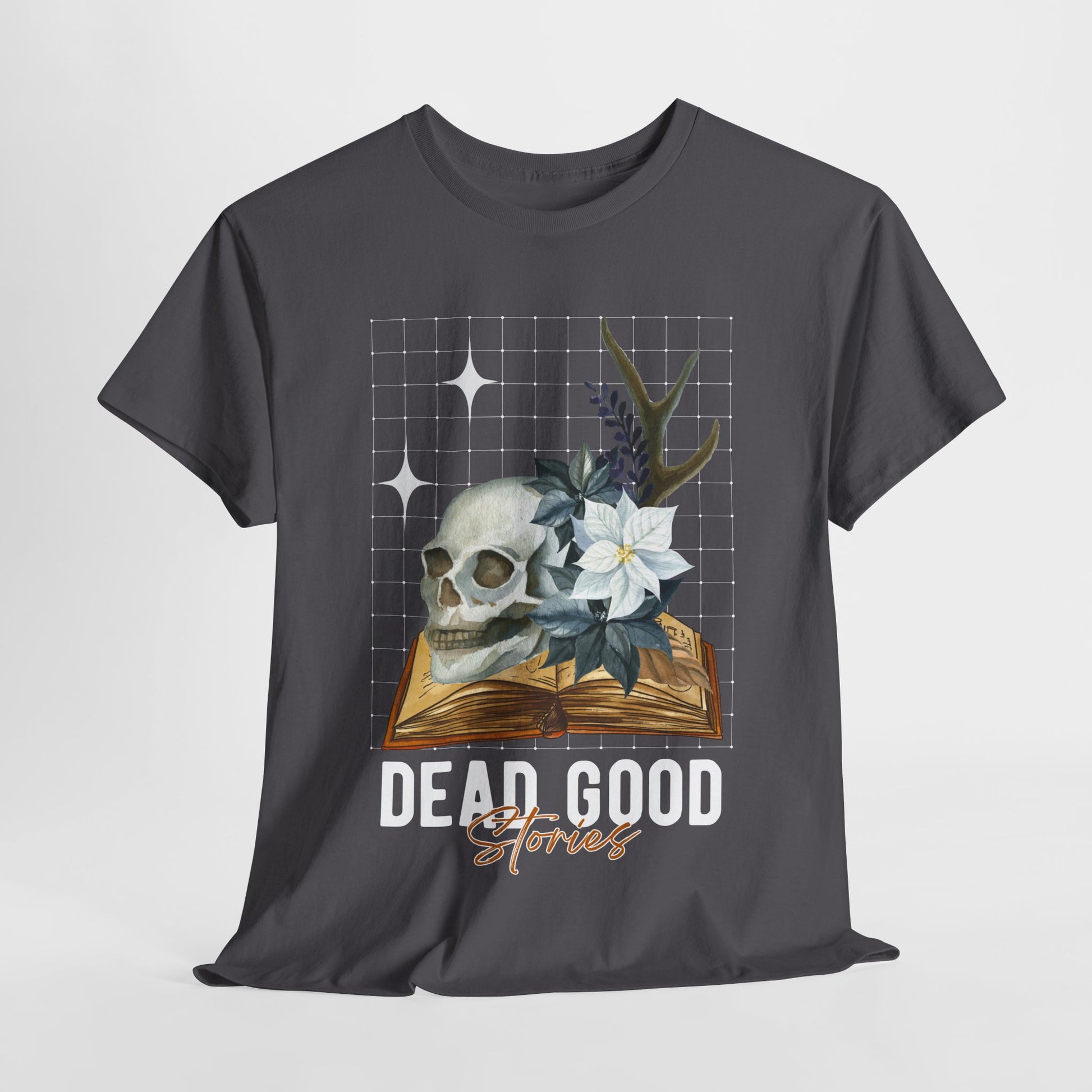 Gray t-shirt with skull and book graphic against a wire mesh and text 'Dead Good Stories'