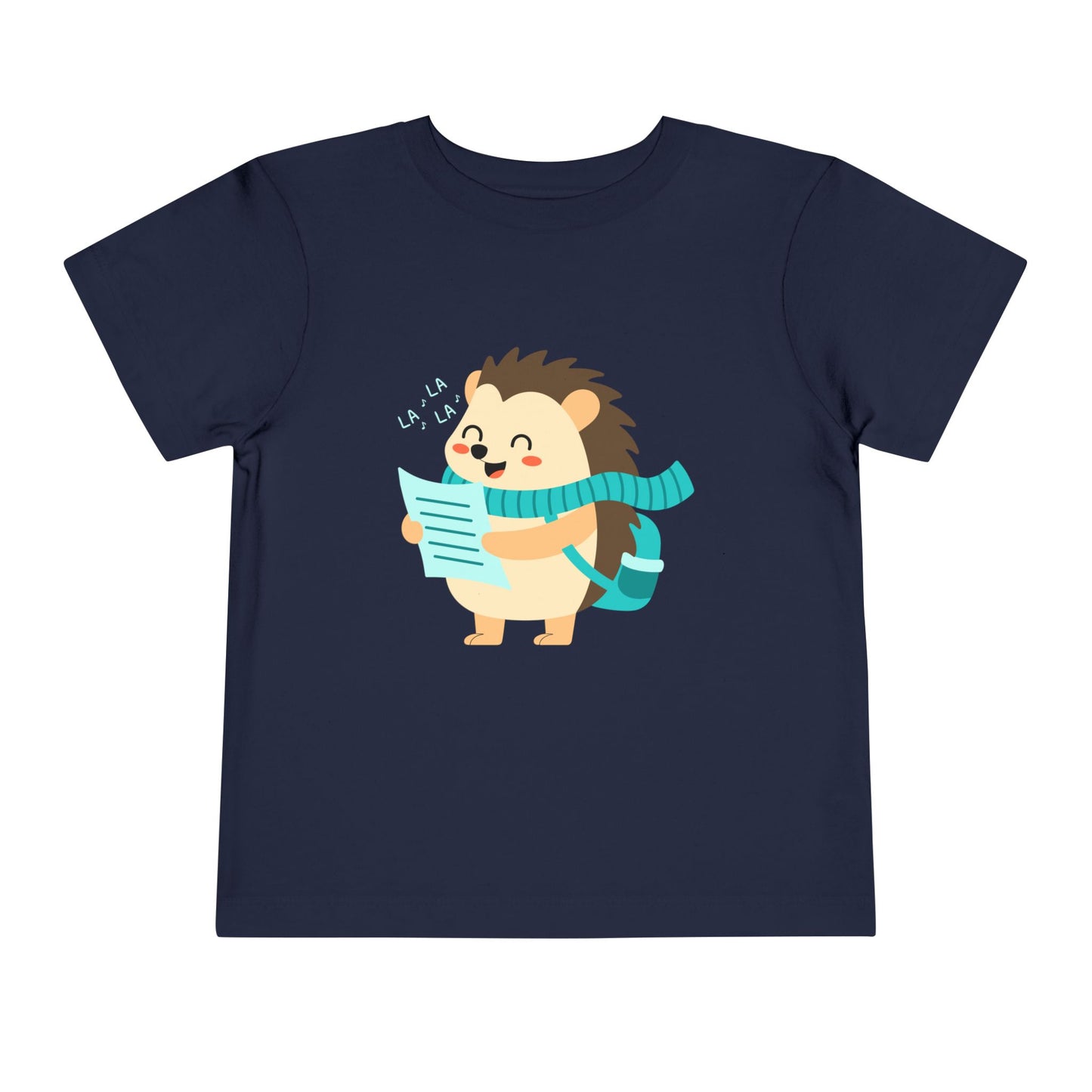 Navy blue toddler t-shirt with a cartoon hedgehog in a flowy scarf and caroling on a white background