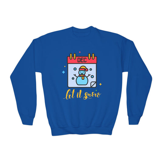 Blue sweatshirt with a calendar design featuring a snowman and 'let it snow' text on a white background.