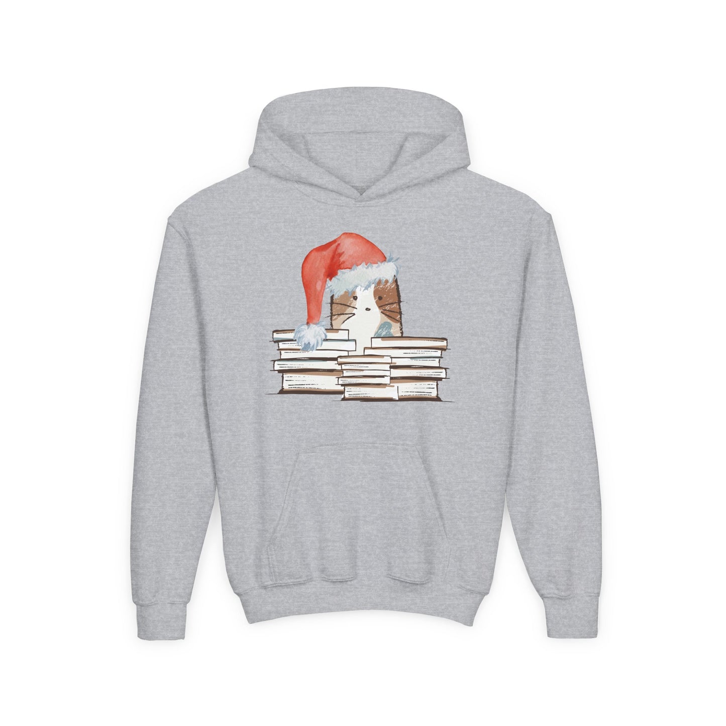 Gray hoodie with a graphic of a dog wearing a Santa hat on books