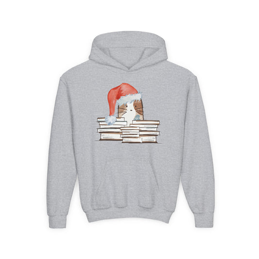 Gray hoodie with a graphic of a dog wearing a Santa hat on books