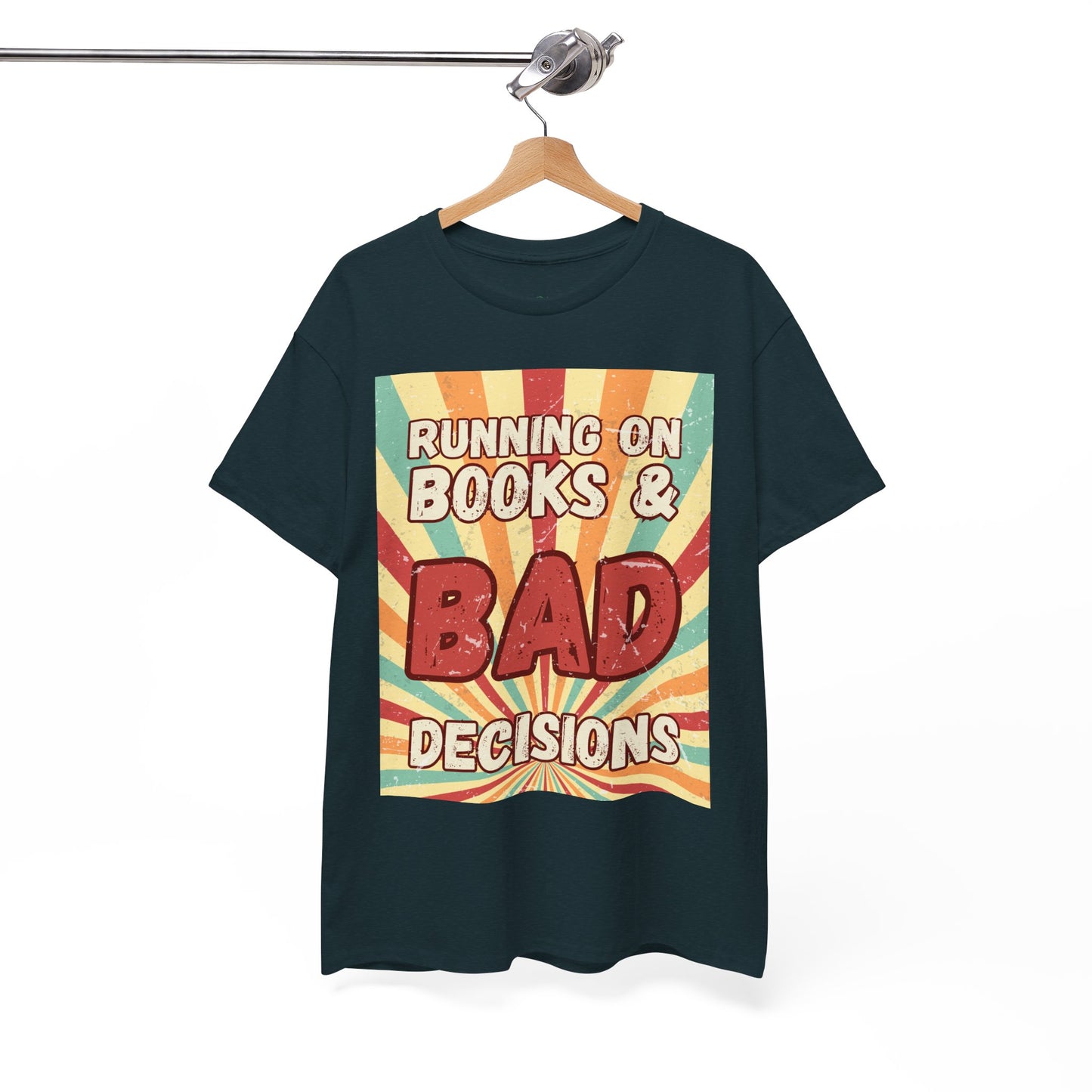 Dark (midnight) t-shirt with colorful retro burst strip graphic and text 'Running on Books & Bad Decisions' 