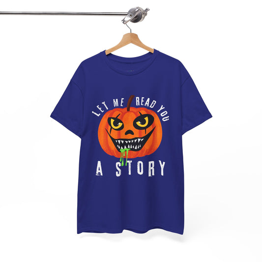 Blue t-shirt with an evil pumpkin graphic and text 'Let Me Read You A Story' on a hanger against a white background