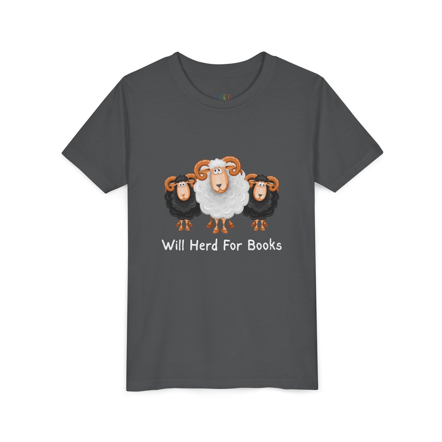 Gray t-shirt with cartoon sheep and text 'Will Herd For Books' 