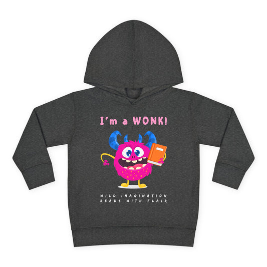 Pink and blue cartoon monster smiling and holding a book with the words “I’m a Wonk” above — printed on a soft toddler hoodie.