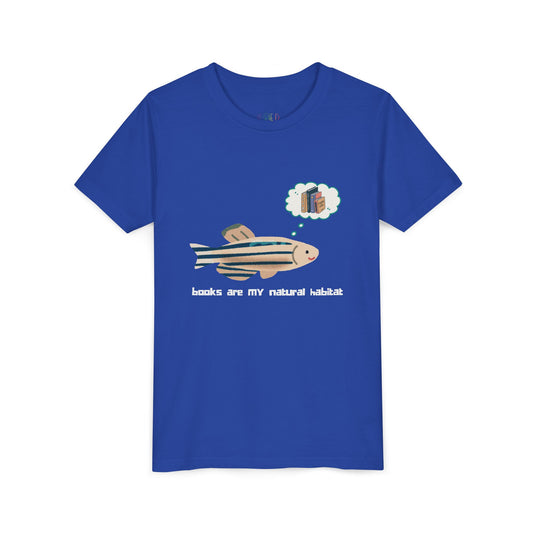 Blue t-shirt with a fish graphic, thought bubble of books and text 'books are my natural habitat'