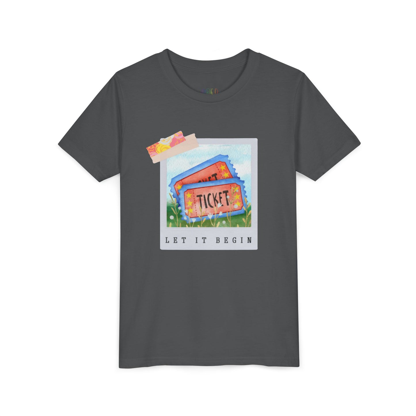 Gray t-shirt with a polaroid of two tickets and text 'Let It Begin' 