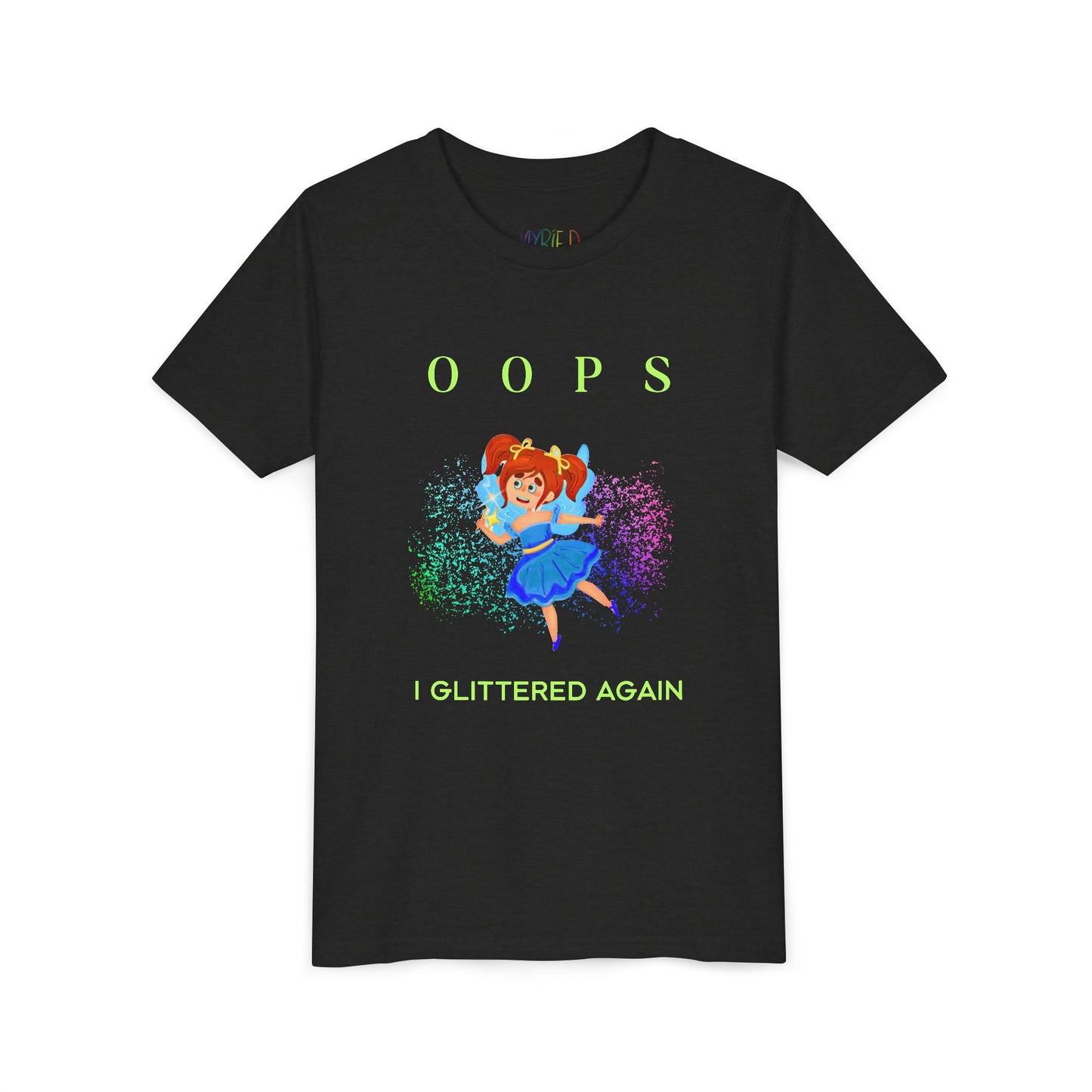 Black t-shirt with a fairy, glitter and text 'OOPS I GLITTERED AGAIN'