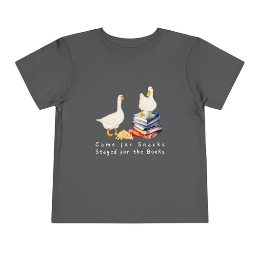 Gray toddler t-shirt with cartoon ducks, books and text 'Came for Snacks, Stayed for the Books'
