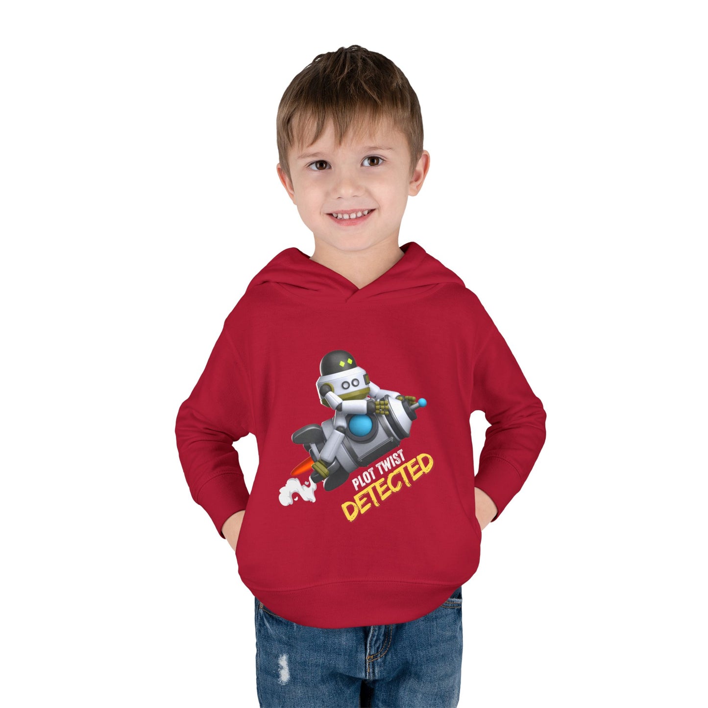 Boy wearing a red toddler hoodie featuring a robot riding a rocket and text 'plot twist detected' on white background