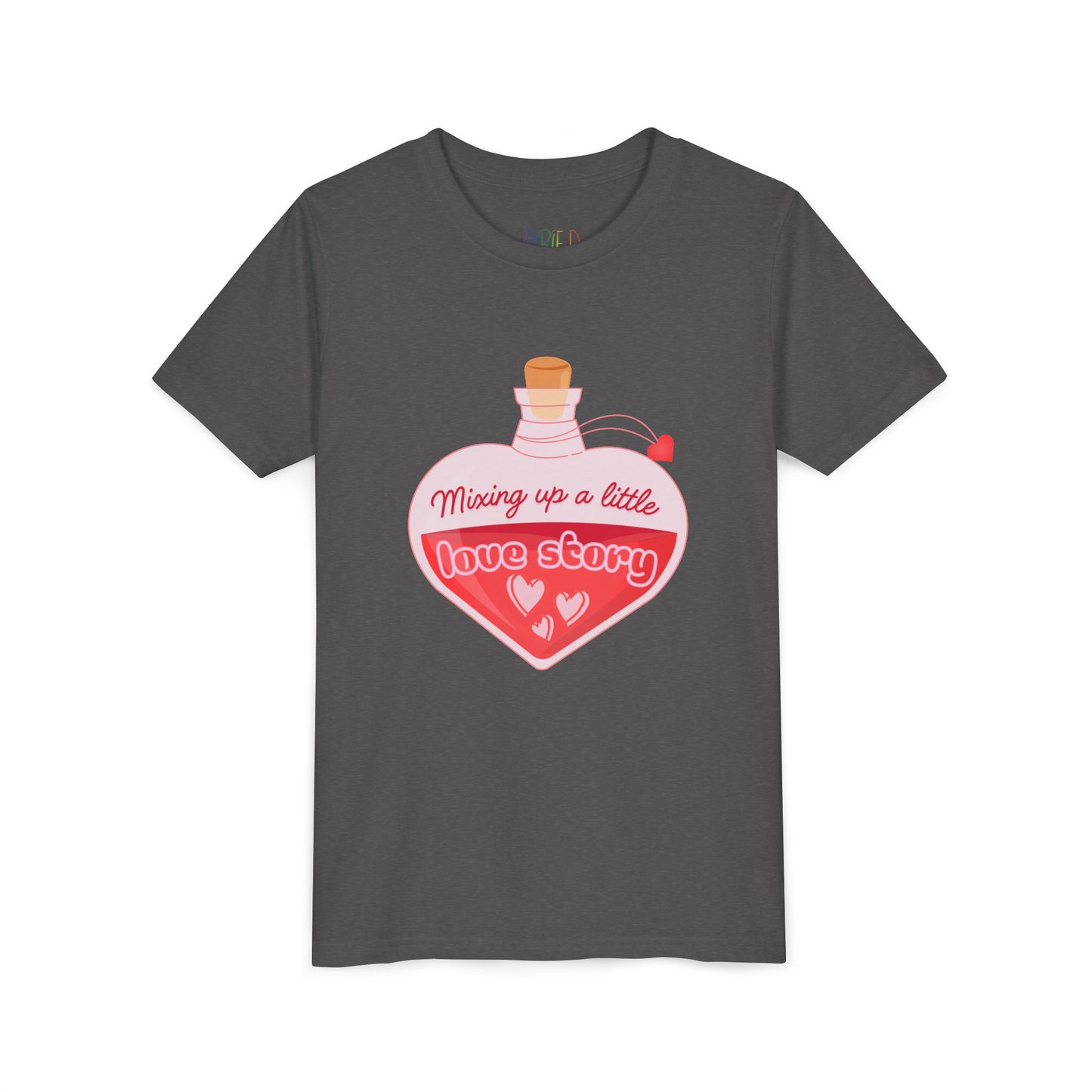 Gray t-shirt with a heart-shaped potion bottle and text 'Mixing Up A Little Love Story' 