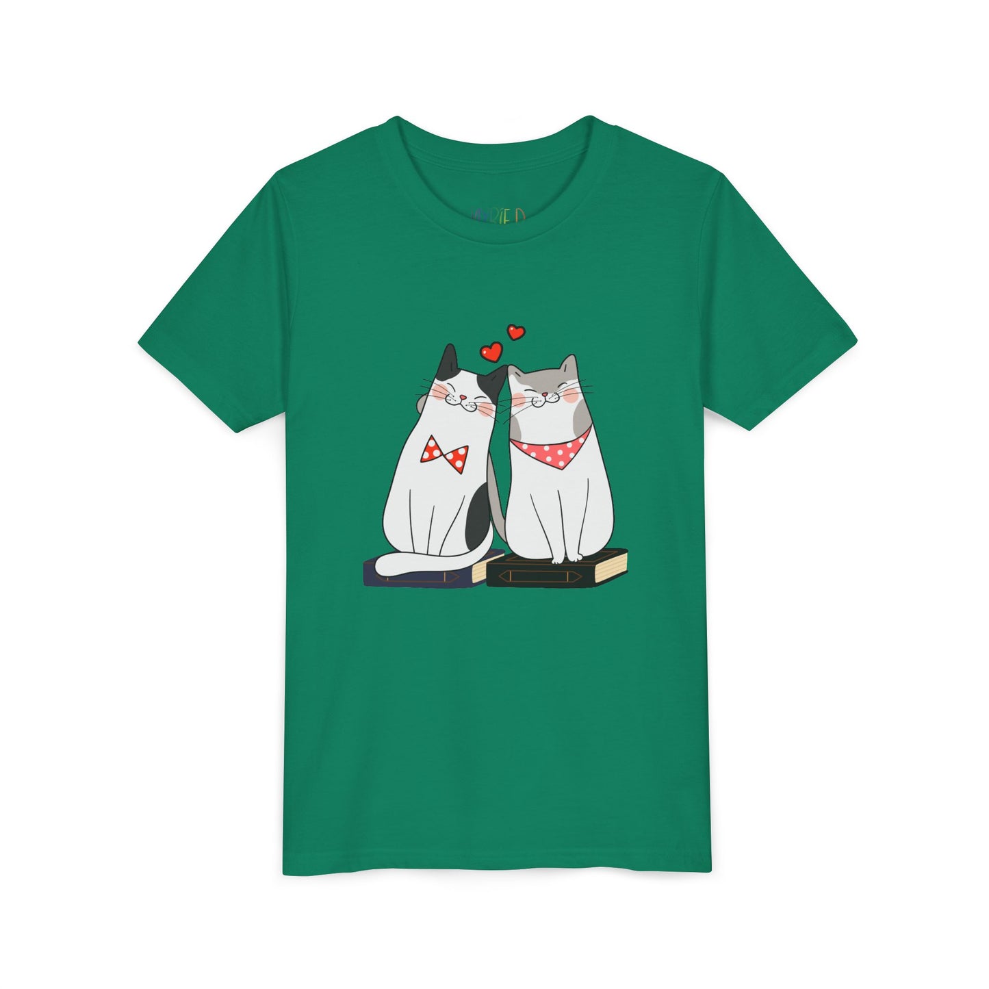 Green t-shirt with two cats snuggled up on books