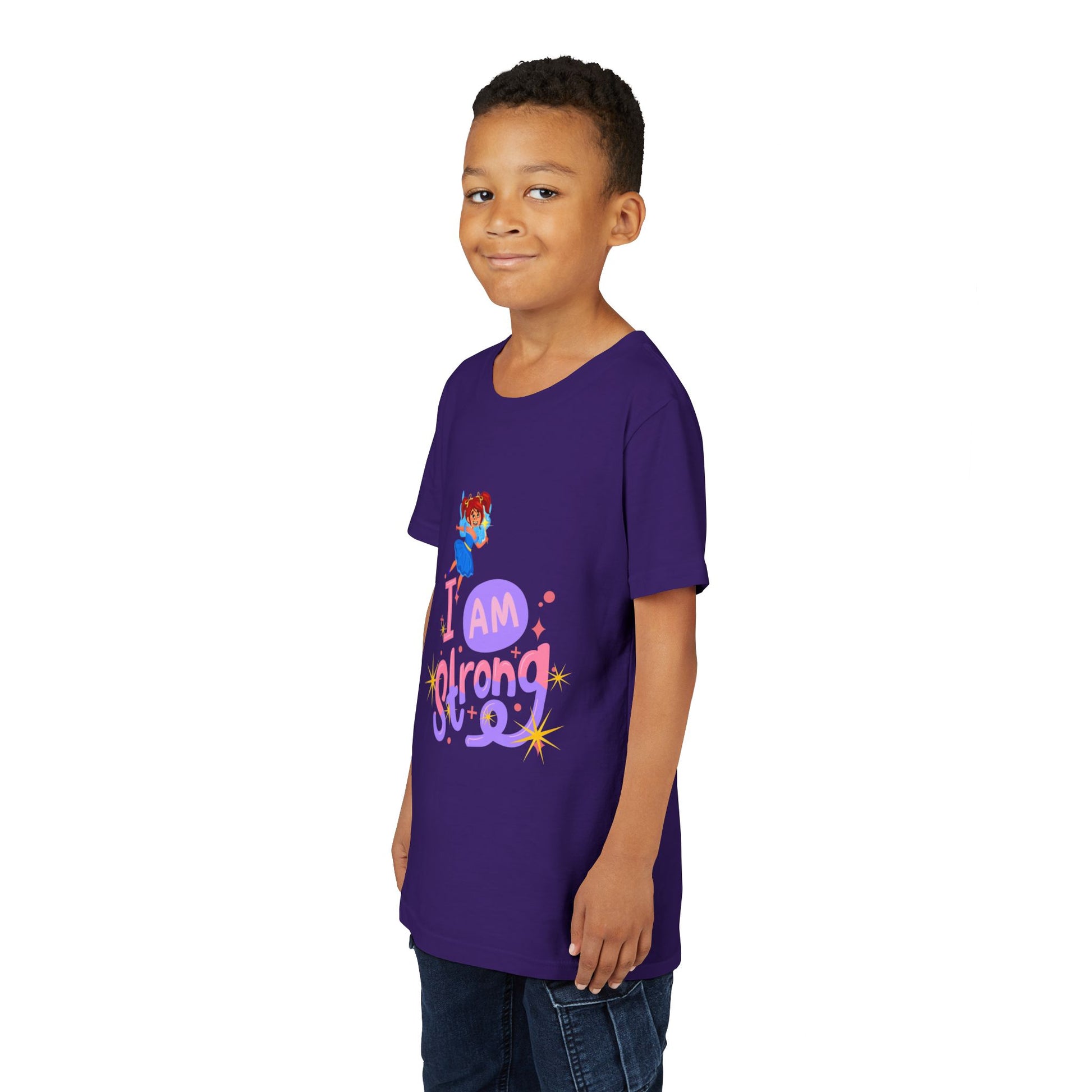 Boy wearing a purple t-shirt with a colorful fairy graphic and text 'I AM STRONG'