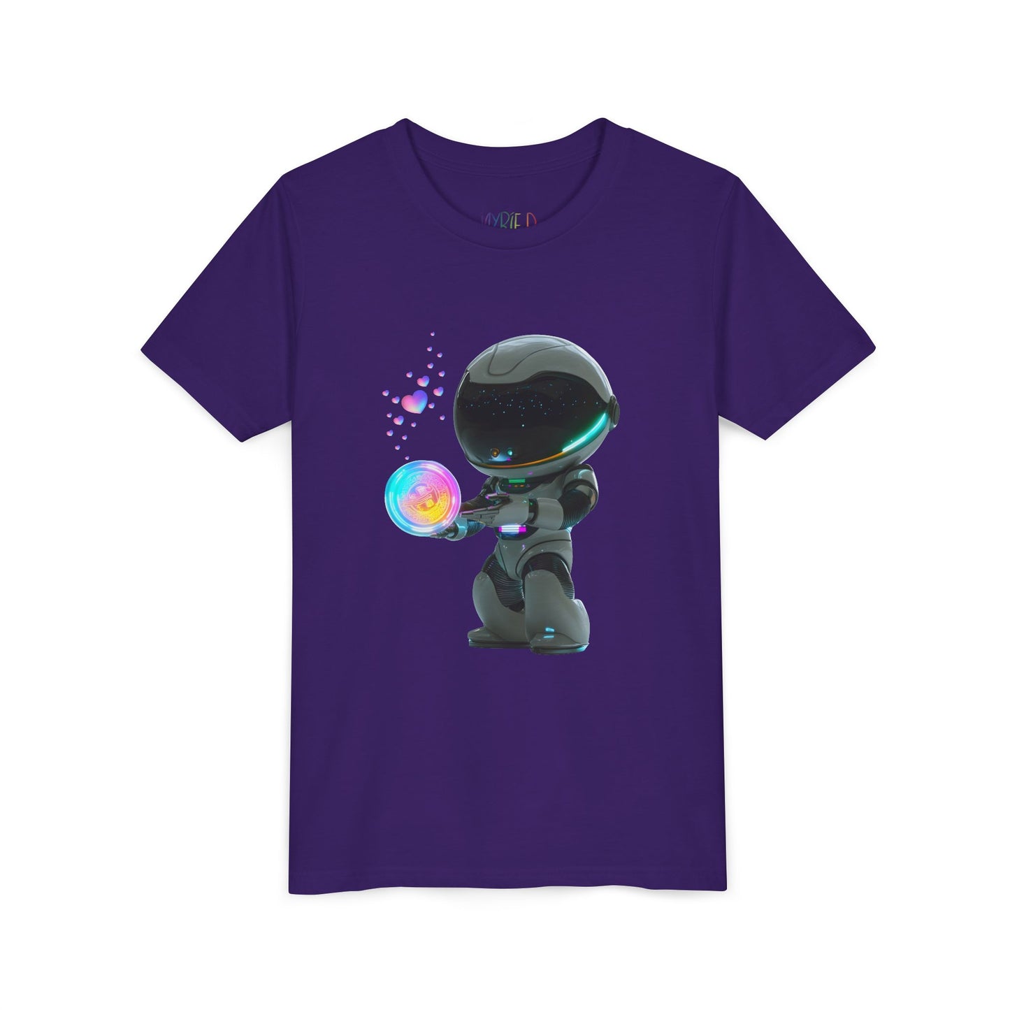 Purple t-shirt with an astronaut holding  a glowing orb bubble with colorful hearts floating out of it 