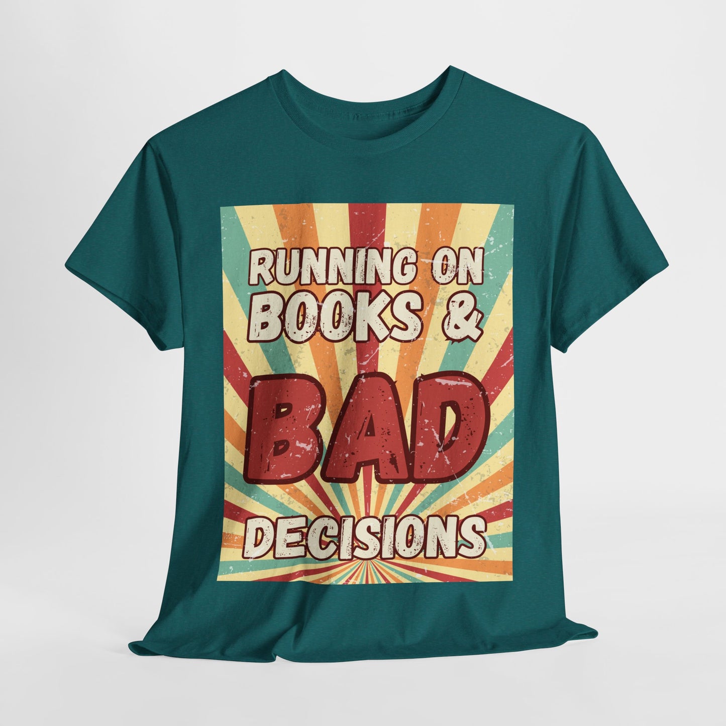 Teen/Adult Unisex Running on Books & Bad Decisions Tee – Funny Retro Reader Shirt for Book Addicts (Large Retro Edition)