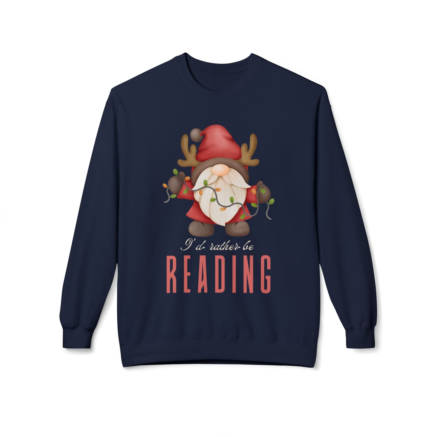 Navy blue sweatshirt with a graphic of a gnome with antlers, holding a string of lights and text 'I'd rather be reading'