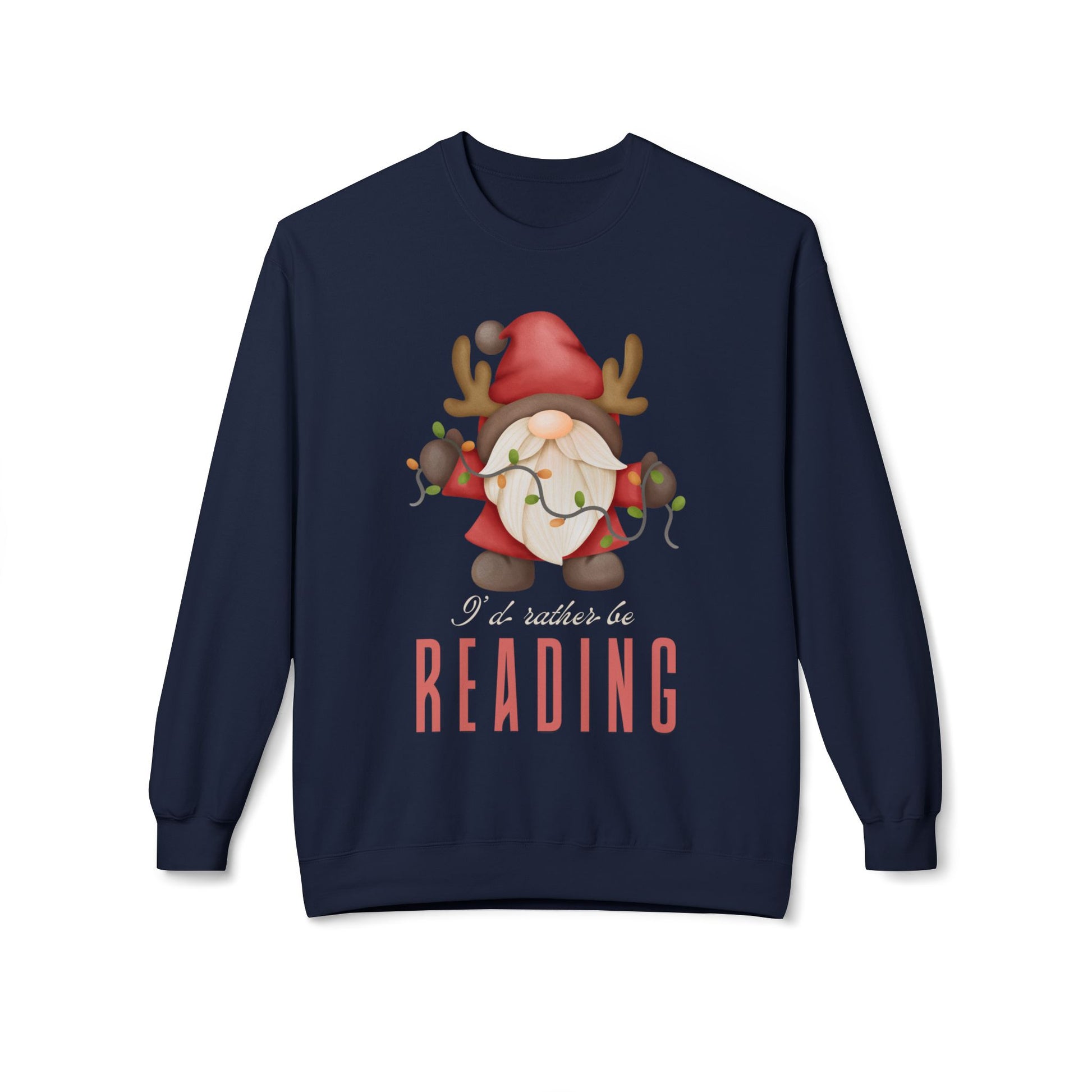 Navy blue sweatshirt with a graphic of a gnome with antlers, holding a string of lights and text 'I'd rather be reading'
