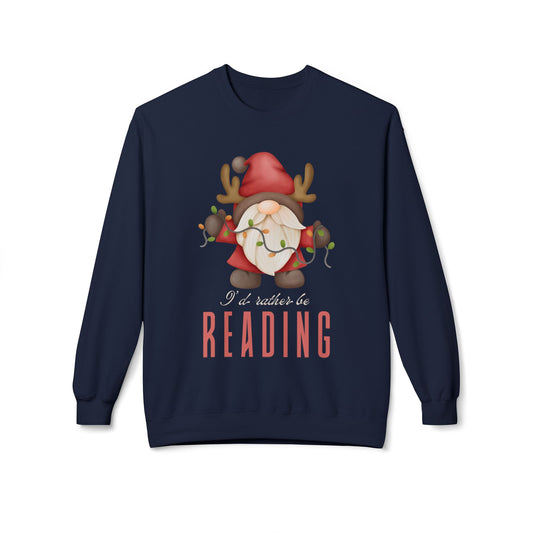 Navy blue sweatshirt with a graphic of a gnome with antlers, holding a string of lights and text 'I'd rather be reading'