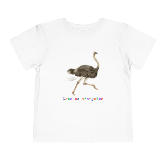Toddler Late to Storytime Ostrich Tee – Funny Reading Shirt for Kids