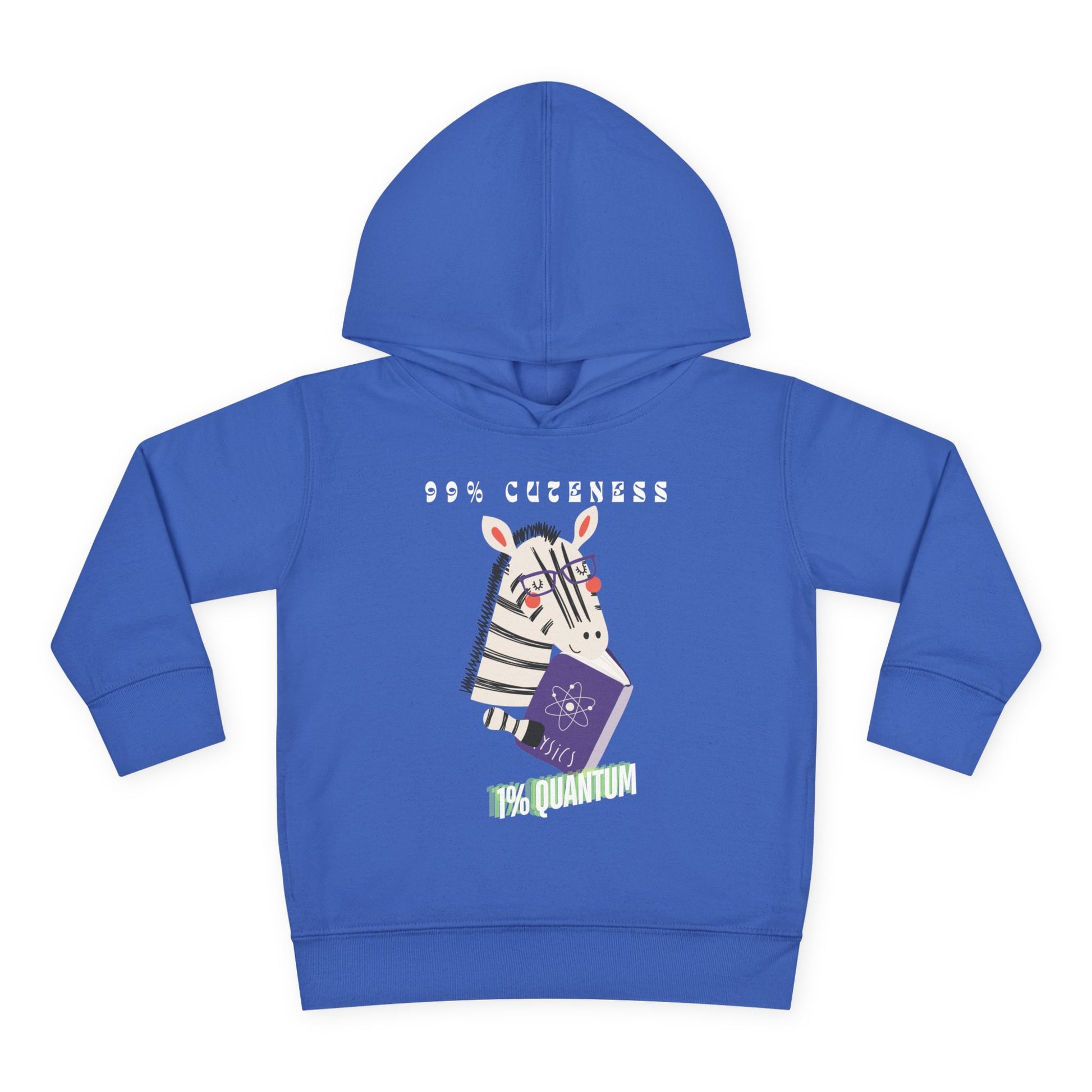 Blue toddler hoodie with a zebra reading a book and text '99% Cuteness 1% Quantum'