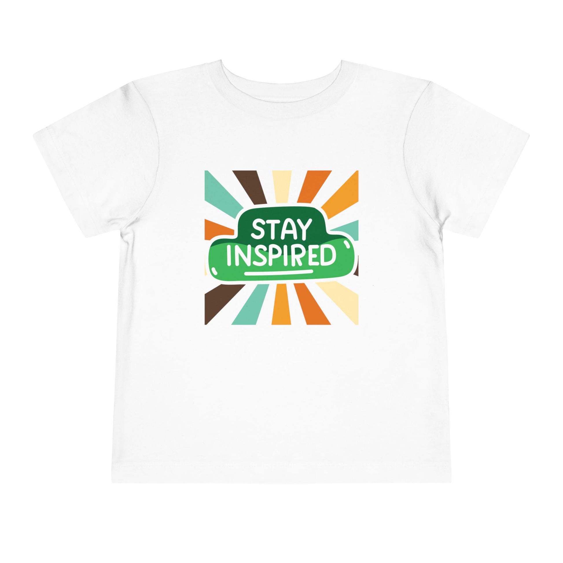 White t-shirt with 'Stay Inspired' graphic design with fun retro stripes