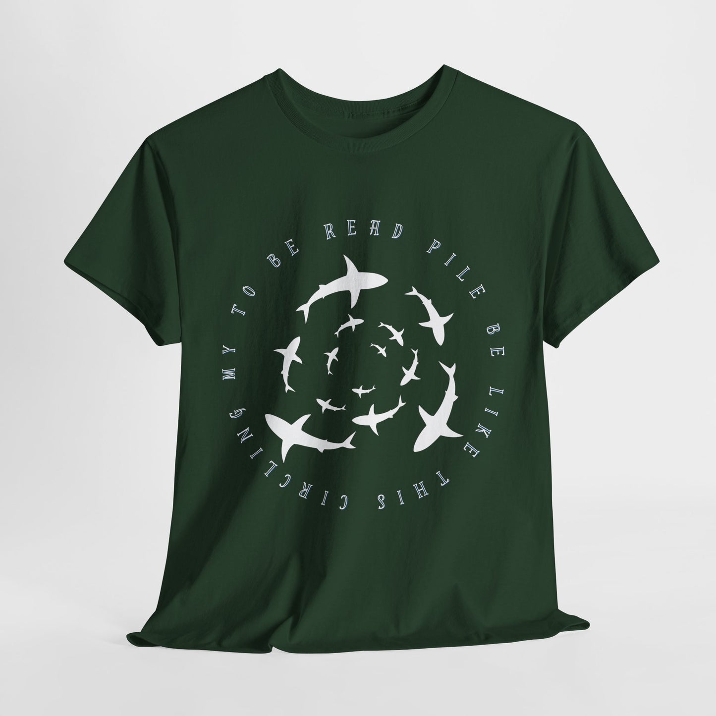 Teen/Adult Unisex Circling Sharks TBR Tee – Funny To-Be-Read Pile Reader Shirt
