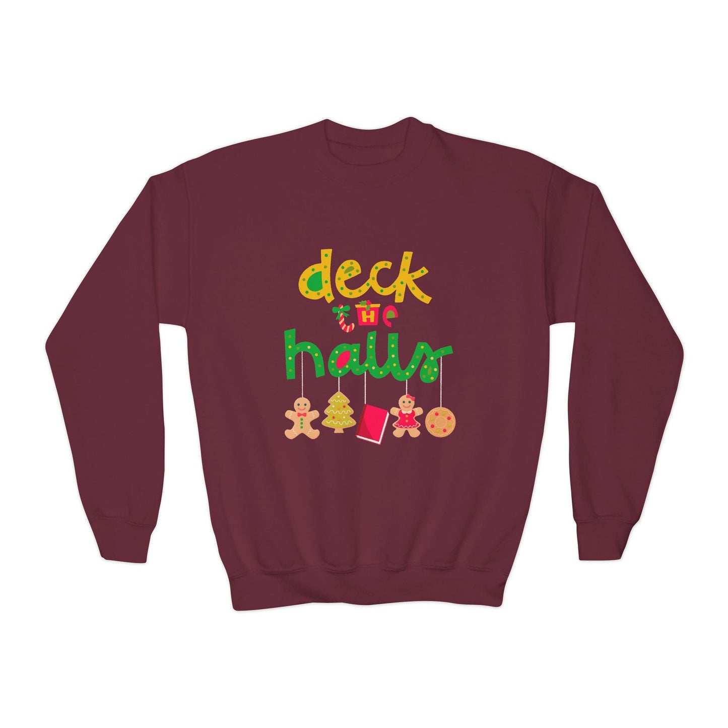 Youth Deck the Halls Sweatshirt â€“ Gingerbread & Holiday Treats Design Printify