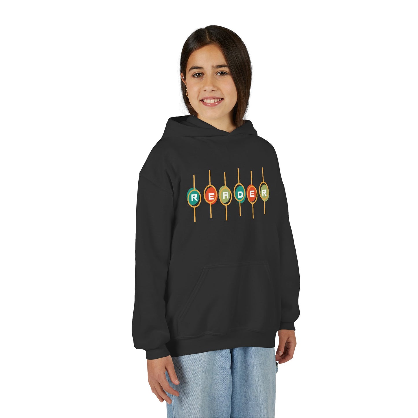 Girl wearing a black hoodie with colorful retro 'READER' design 