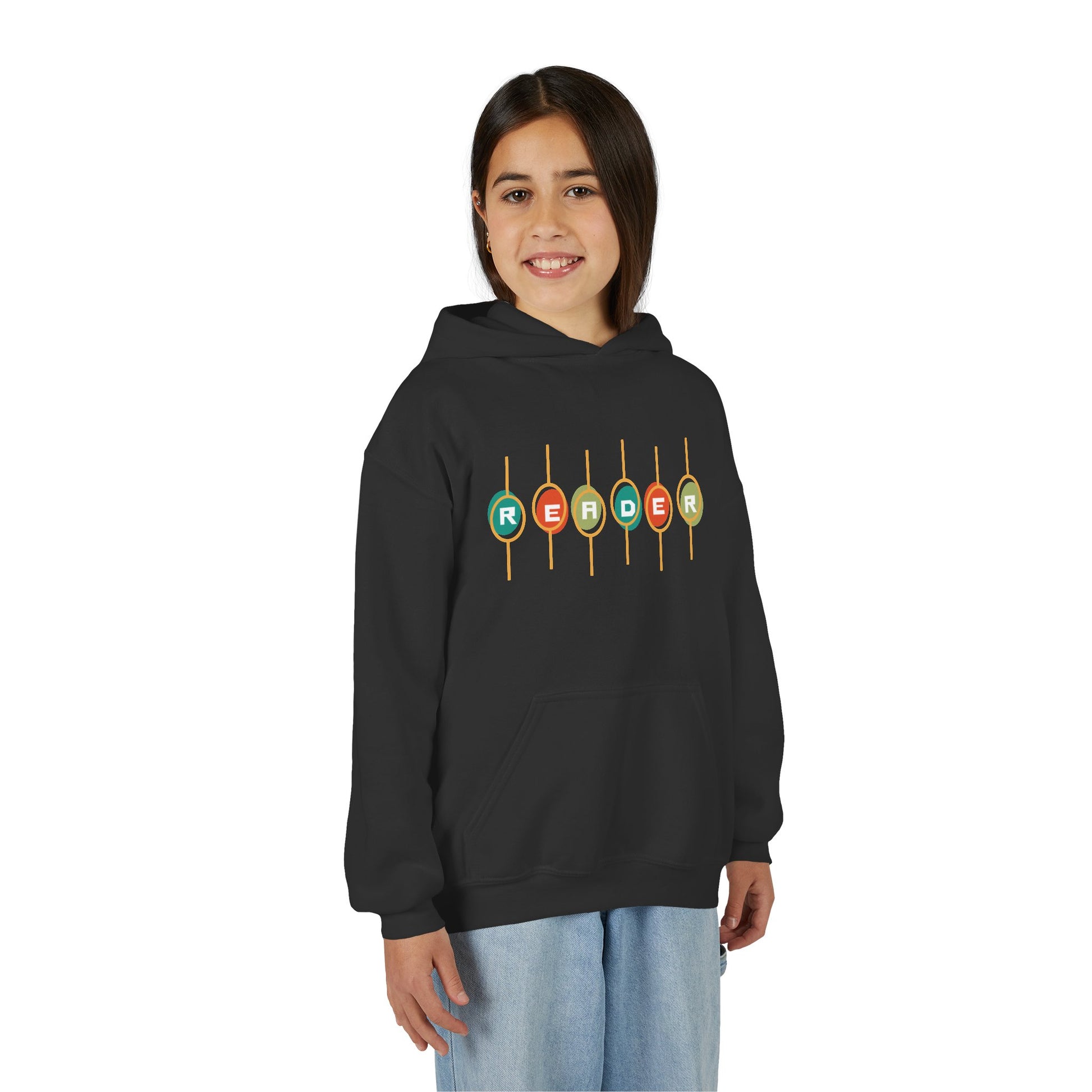 Girl wearing a black hoodie with colorful retro 'READER' design 