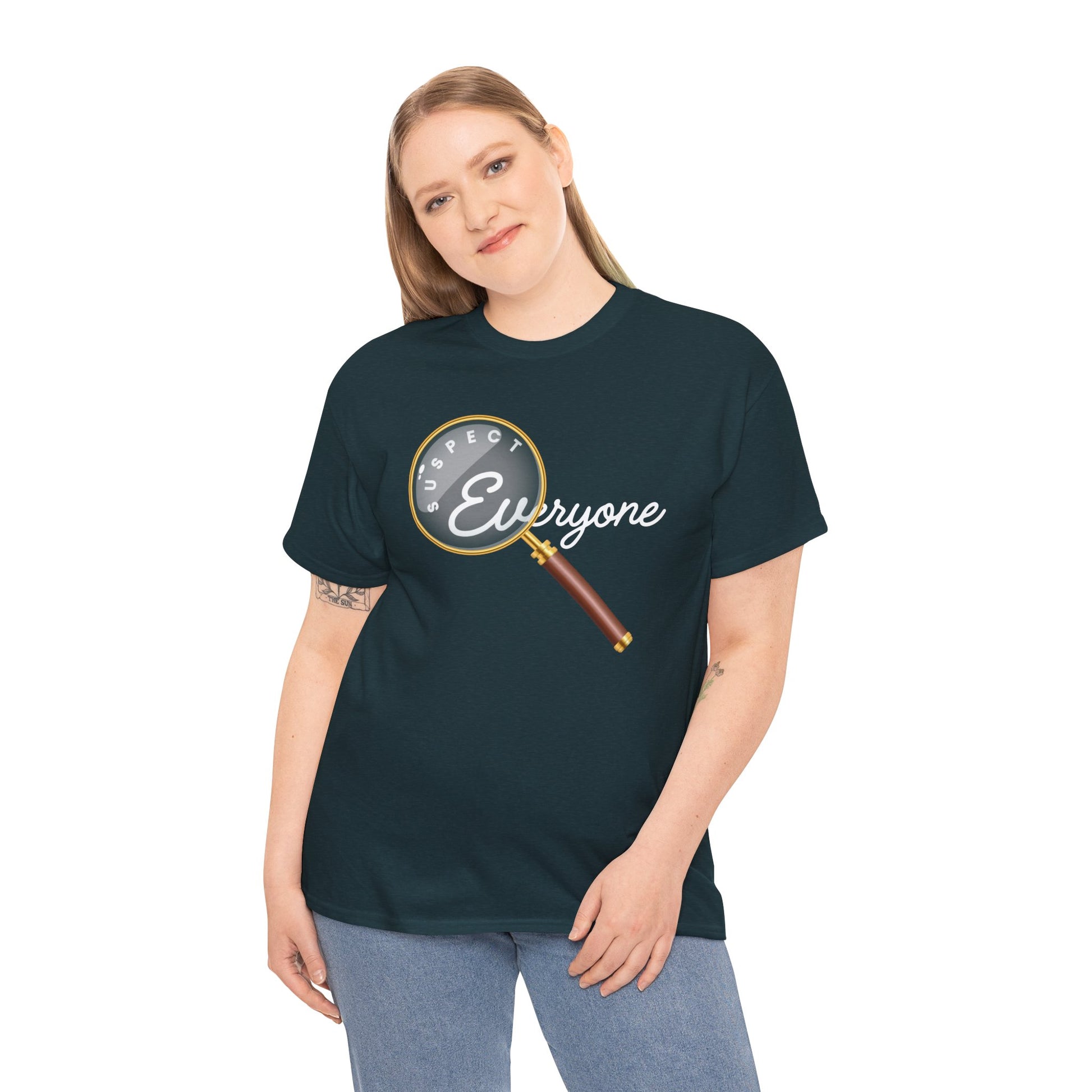 Woman wearing a dark t-shirt with a magnifying glass graphic and text 'Suspect Everyone'