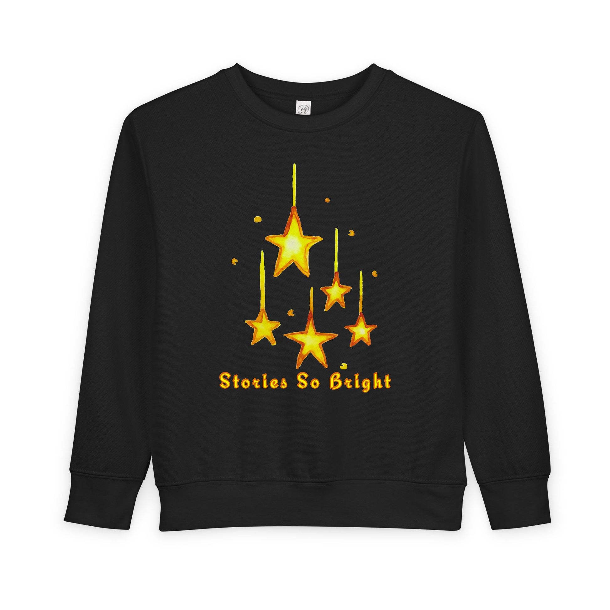 Black toddler sweatshirt with yellow star design and 'Stories So Bright' text on a white background
