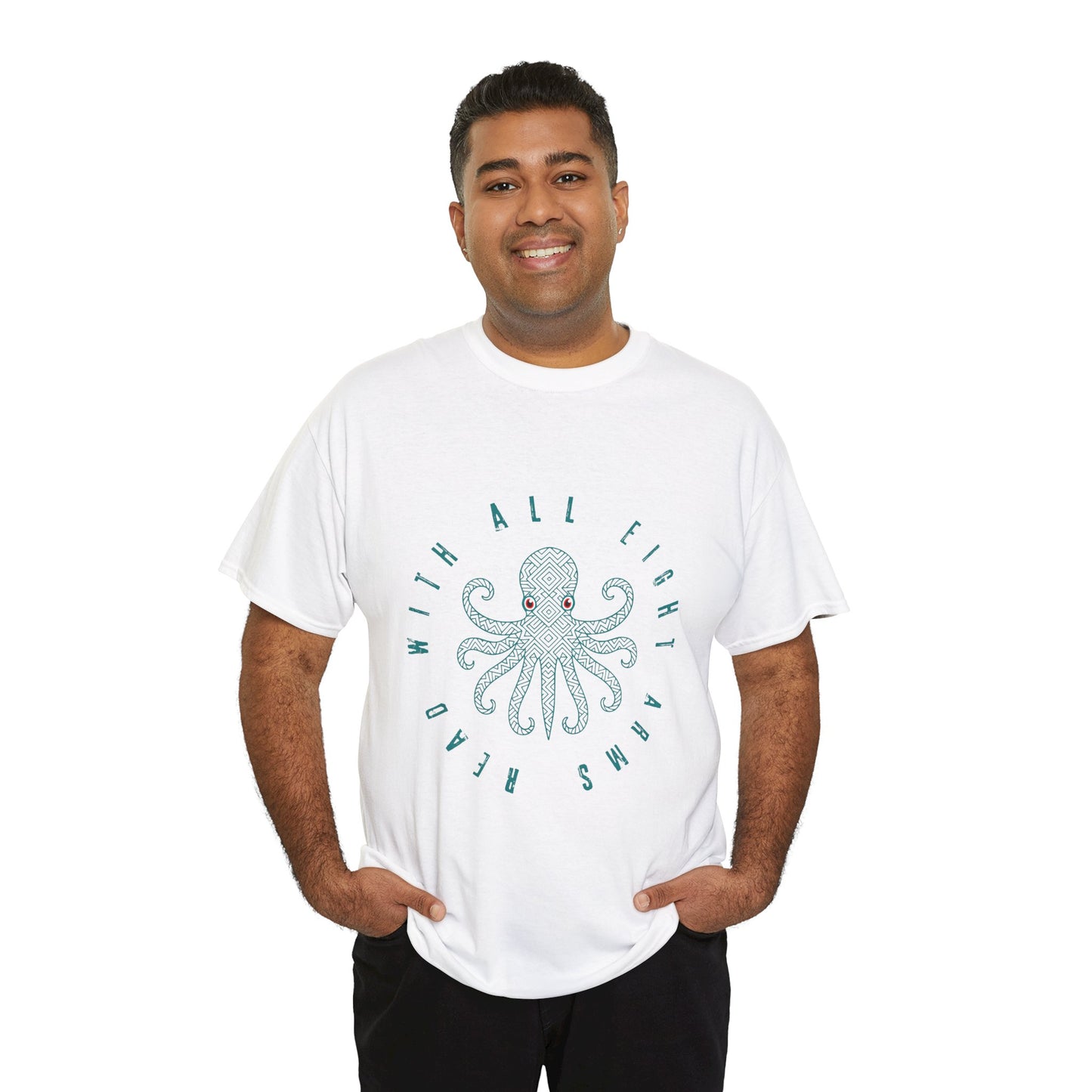 Man wearing a white t-shirt with a red eyed octopus and text 'Read With All Eight Arms'