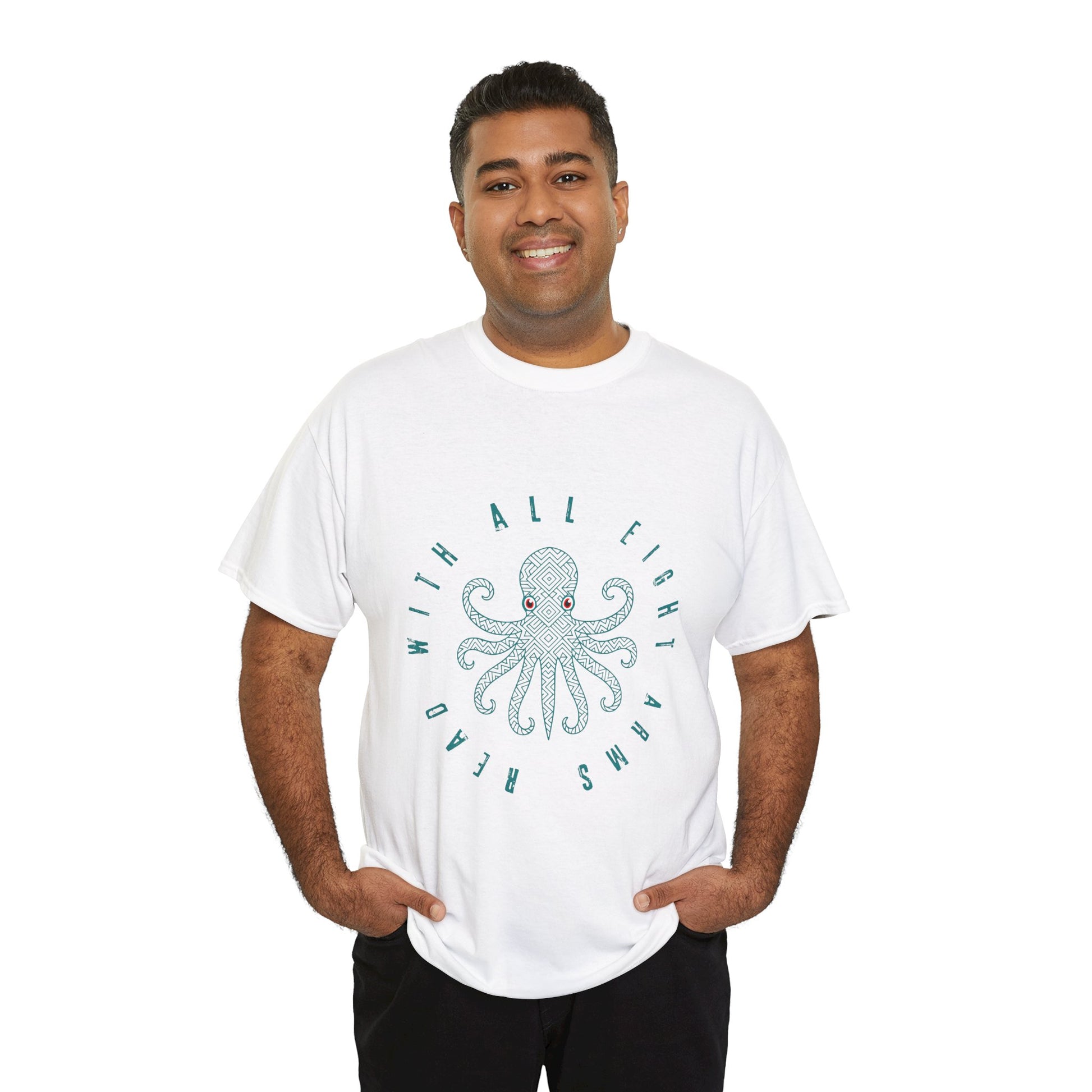 Man wearing a white t-shirt with a red eyed octopus and text 'Read With All Eight Arms'