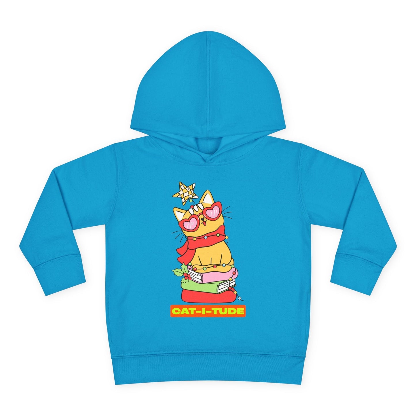 Turquoise blue toddler hoodie with a cartoon cat wearing a scarf, heart shaped glasses, a Christmas star on it's head, perched on a stack of books and text 'CAT-I-TUDE'