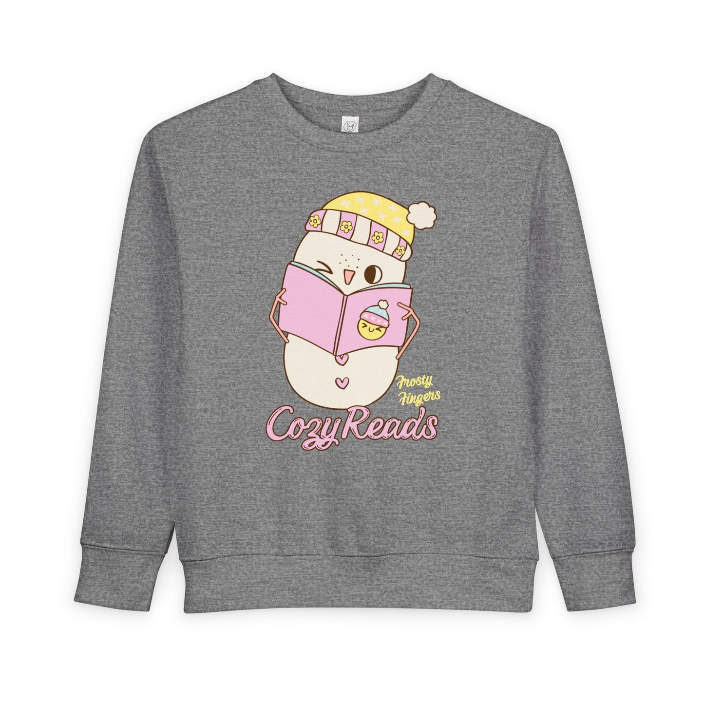 Gray toddler sweatshirt with a cartoon snowman reading a book and 'Frosty Fingers, Cozy Reads' text on a white background