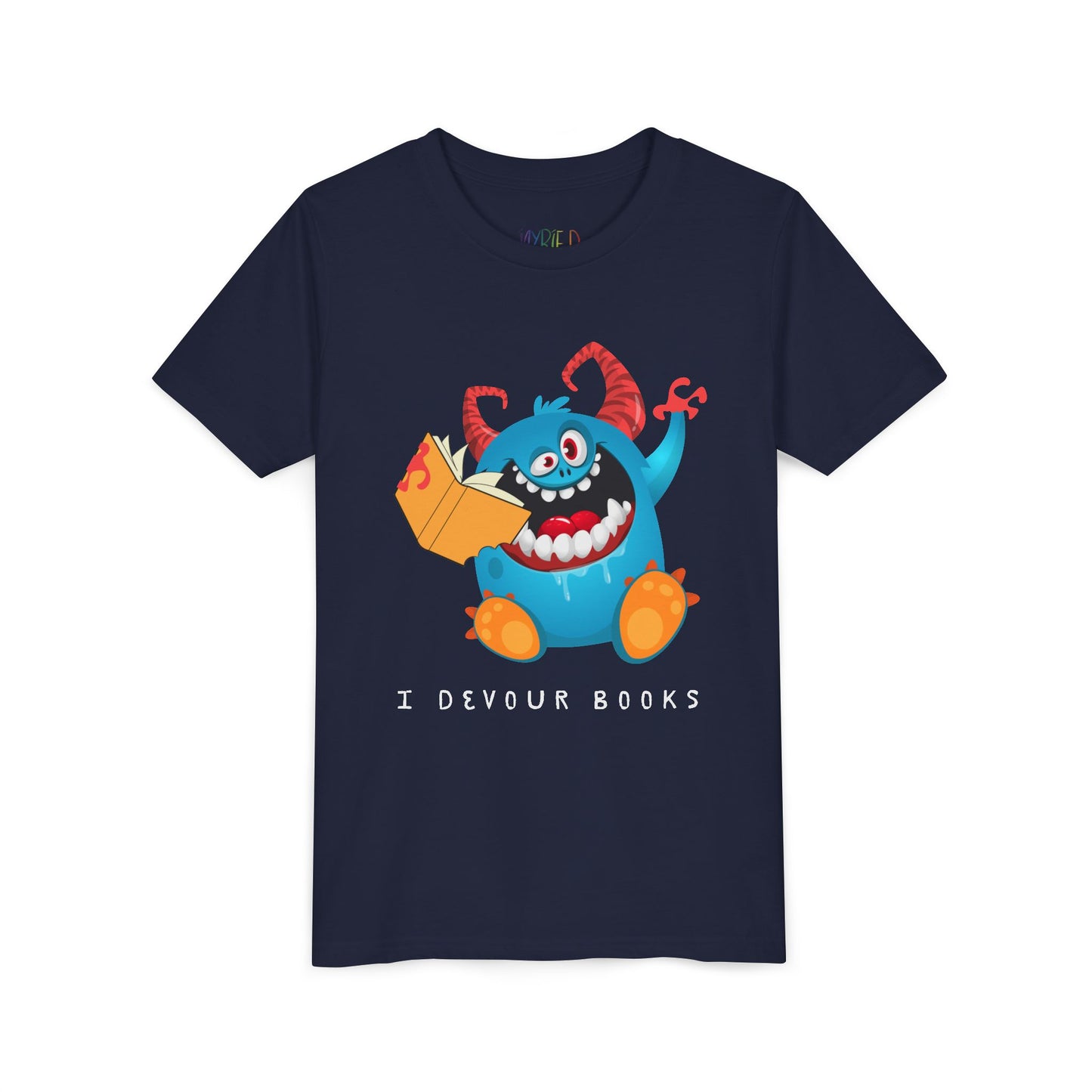 Navy blue t-shirt with a wide mouthed, book chomping cartoon monster and text 'I DEVOUR BOOKS' 