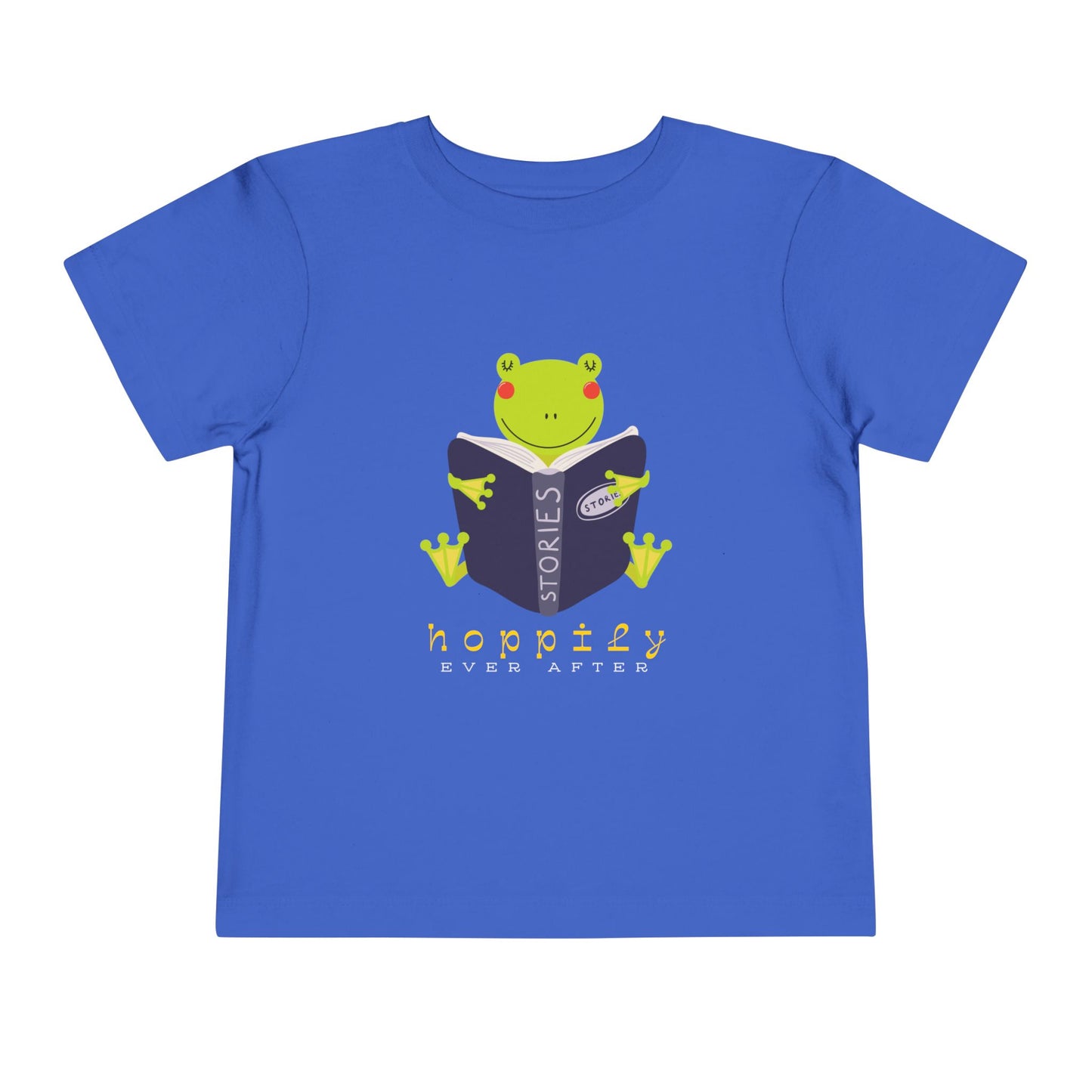 Blue toddler t-shirt with a frog reading a book graphic and text 'Hoppily Ever After'