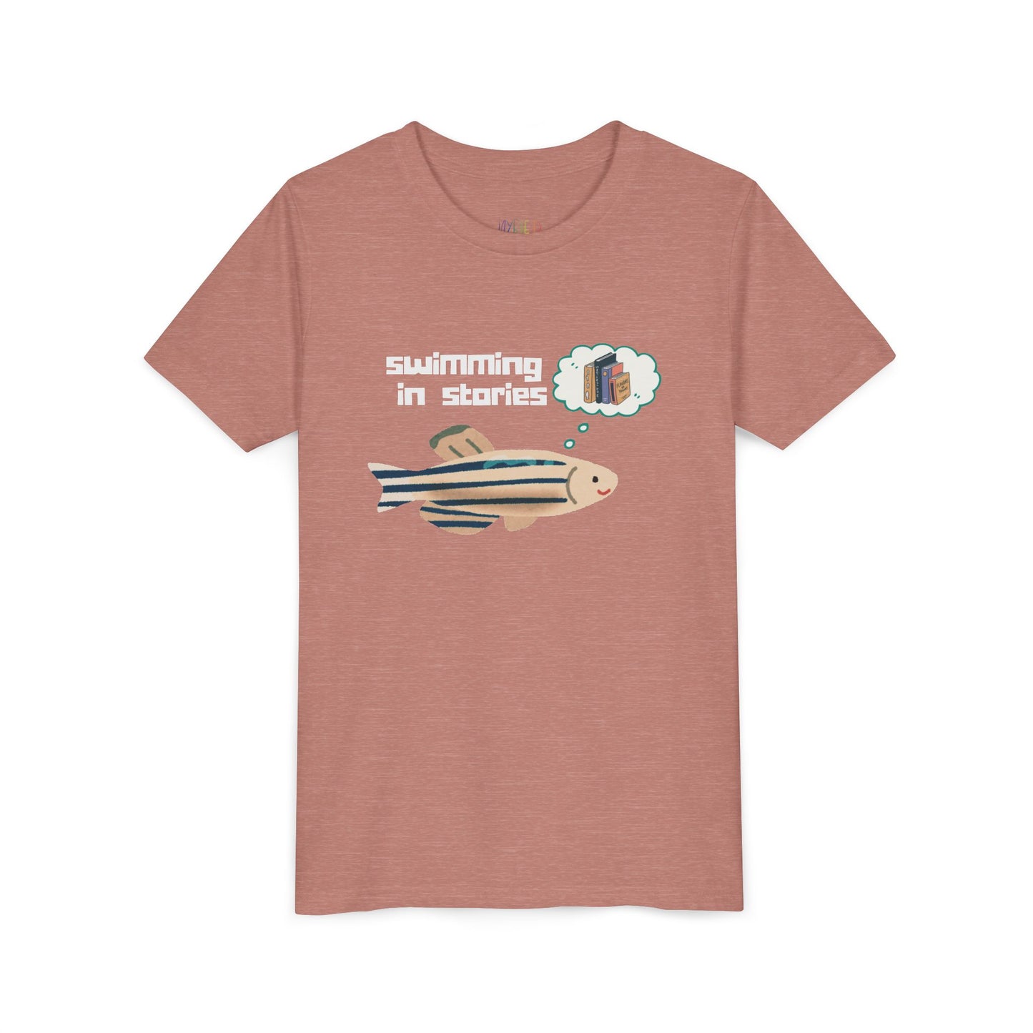 Youth Swimming in Stories Tee – Fun Reading Shirt for Curious Kids. A dreamy design for book-loving adventurers